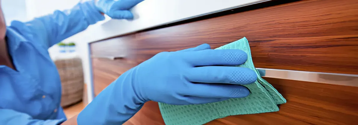 Cleaner wearing blue gloves wiping a wooden cabinet drawer with a microfiber cloth for dust and grime removal, Anchorage, AK.